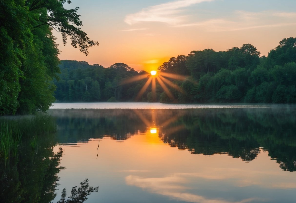 Ein ruhiger Sonnenaufgang über einem ruhigen, spiegelnden See, umgeben von üppigem Grün.