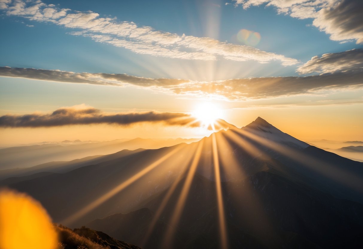 Ein Sonnenaufgang über einem Berggipfel, mit Lichtstrahlen, die durch die Wolken scheinen und einen warmen und stärkenden Glanz über die Landschaft werfen.