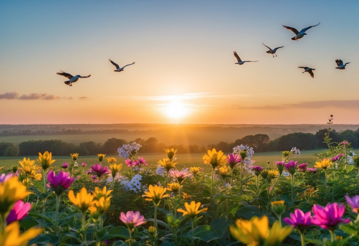 Eine helle Sonne, die über eine friedliche Landschaft aufgeht, mit bunten Blumen, die blühen, und Vögeln, die am Himmel singen.