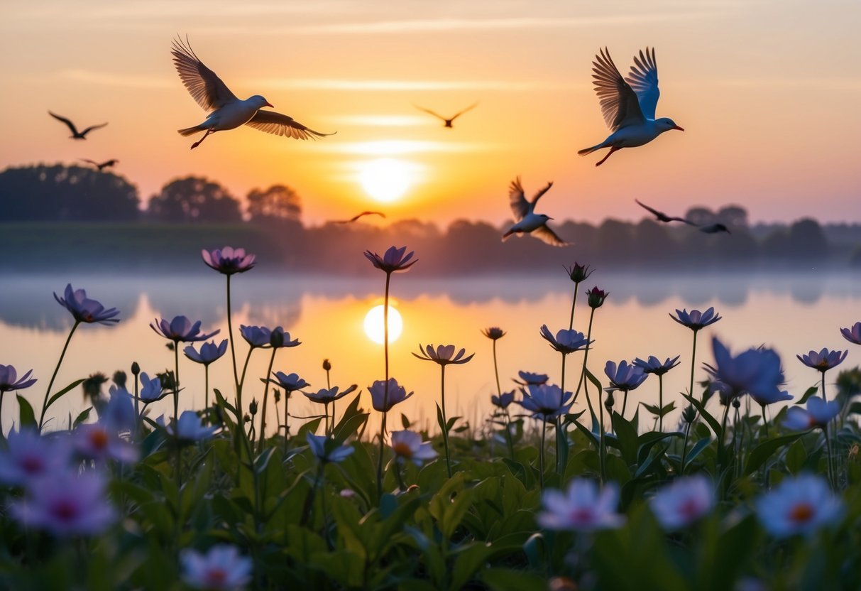 Ein Sonnenaufgang über einer ruhigen Landschaft, mit fliegenden Vögeln und blühenden Blumen, symbolisiert einen Neuanfang und Positivität.