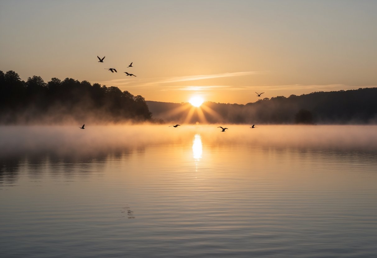 Ein ruhiger Sonnenaufgang über einem stillen See, mit Nebel, der vom Wasser aufsteigt, und Vögeln, die in der Ferne fliegen.