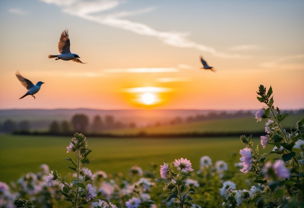 Ein ruhiger Sonnenaufgang über einer friedlichen Landschaft, mit zwitschernden Vögeln und blühenden Blumen