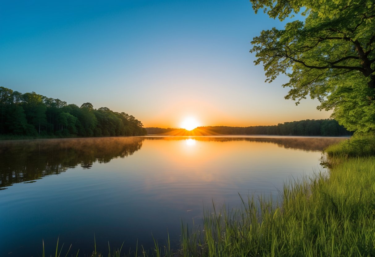 Ein Sonnenaufgang über einem ruhigen See, mit lebhaften Farben, die sich im Wasser spiegeln, umgeben von üppig grünen Bäumen und einem klaren blauen Himmel