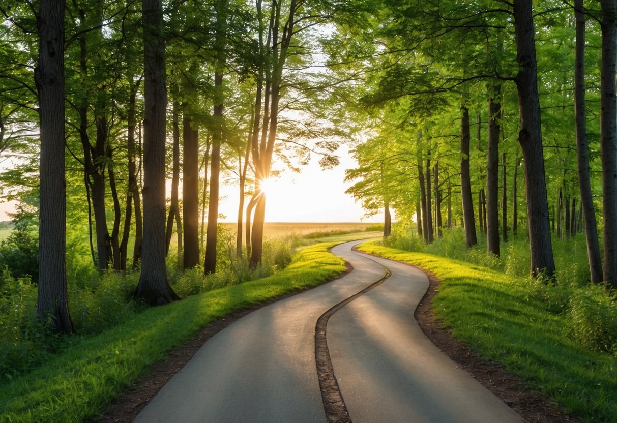 Ein gewundener Pfad durch einen ruhigen Wald, geflecktes Sonnenlicht, das durch die Bäume filtert, der zu einem hellen Horizont führt.