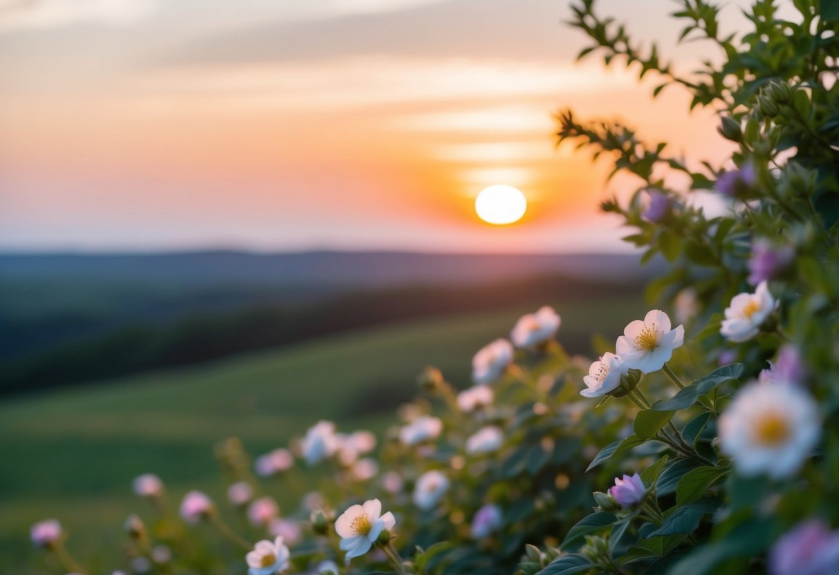 Eine friedliche Landschaft mit einem ruhigen Sonnenuntergang, umgeben von blühenden Blumen und einer sanften Brise