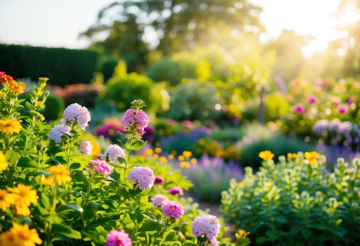 Ein ruhiger, blühender Garten mit bunten Blumen und üppigem Grün, der in warmem Sonnenlicht badet.