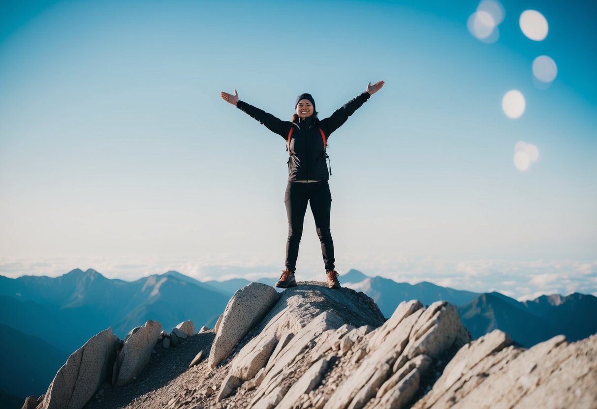 Eine Person, die selbstbewusst auf einem Berg steht, mit ausgebreiteten Armen und einem Gefühl von Freiheit und Ermächtigung, das von ihrer Haltung ausgeht.