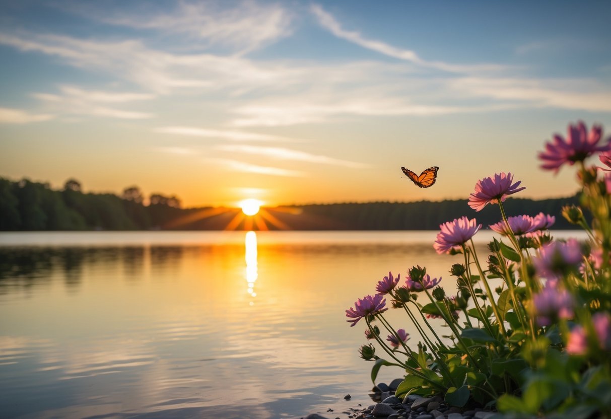 Ein ruhiger Sonnenaufgang über einem stillen See, mit lebhaften Blumen, die am Ufer blühen, und einem Schmetterling, der in der Nähe flattert.