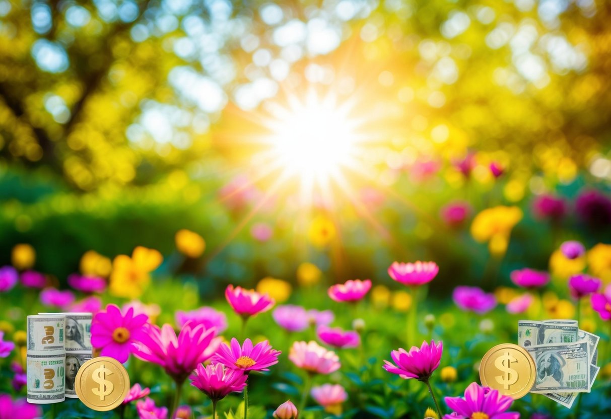 Ein lebendiger Garten mit blühenden Blumen und einer strahlenden Sonne, umgeben von Symbolen für Wohlstand und Glück