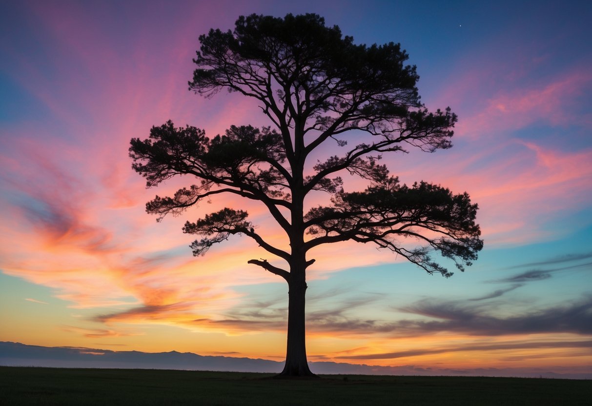 Ein einsamer Baum steht stolz gegen einen lebhaften Sonnenuntergang, seine Äste strecken sich mit Zuversicht und Stärke gen Himmel.