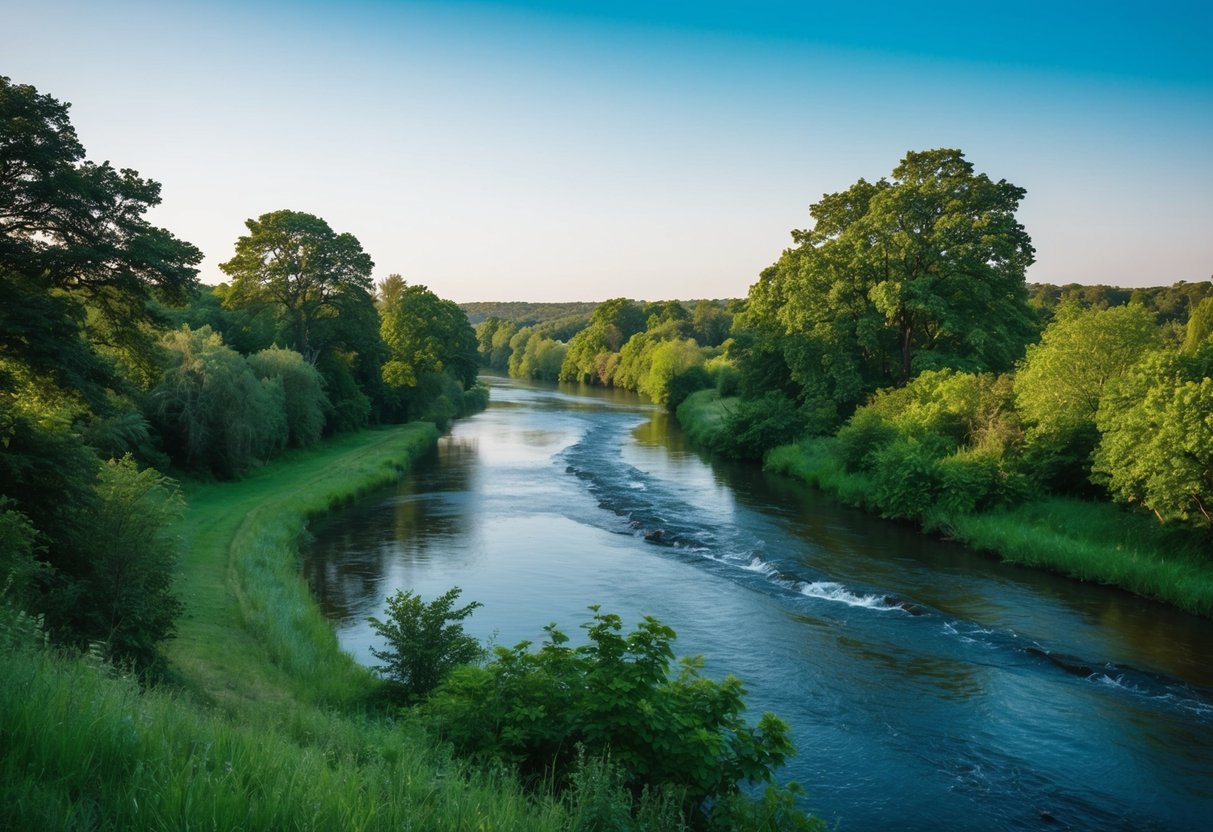 Eine ruhige, friedliche Landschaft mit einem sanft fließenden Fluss, der durch üppiges Grün unter einem klaren blauen Himmel verläuft.