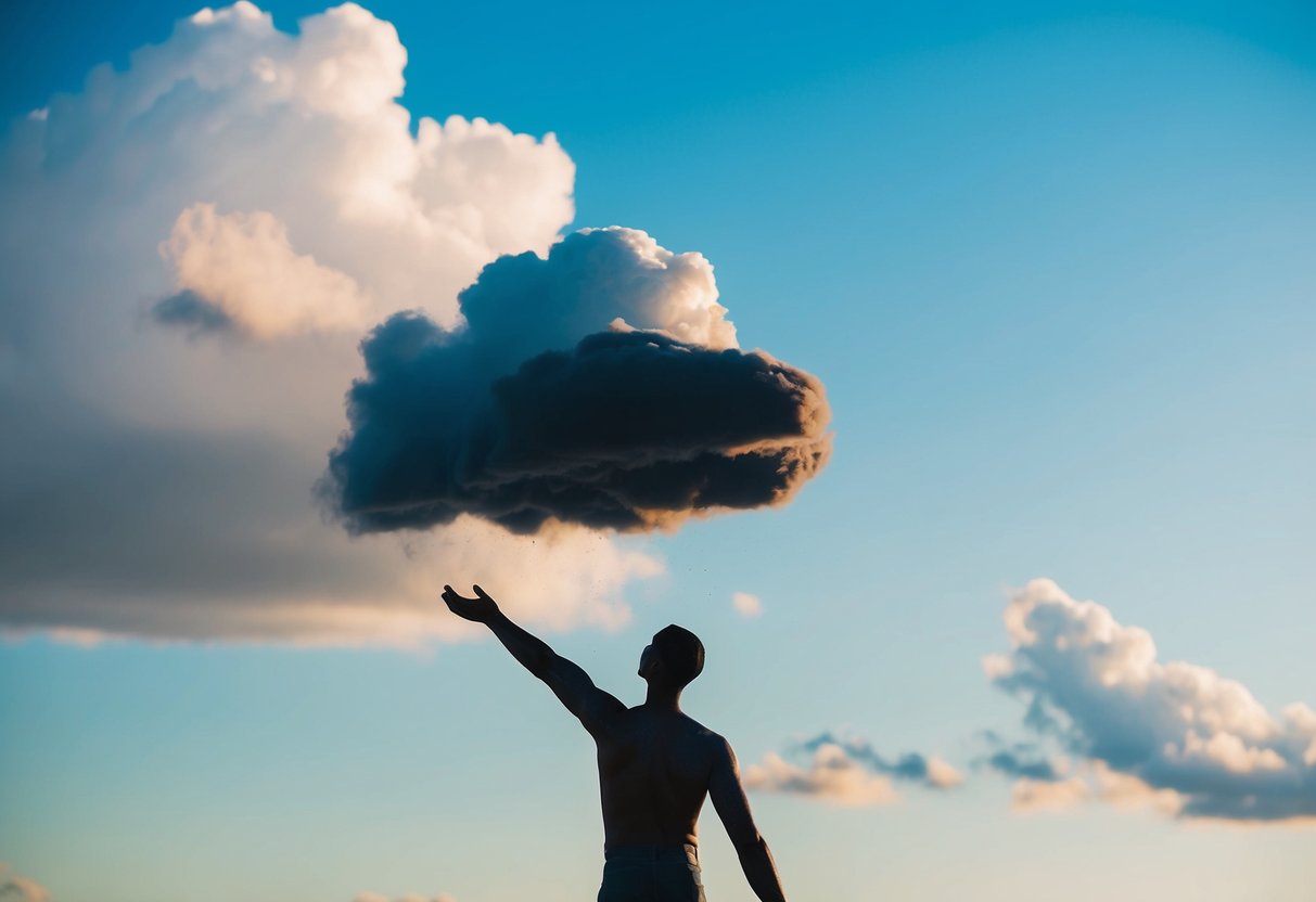 Eine Figur, die dunkle Wolken in einen hellen Himmel entlässt