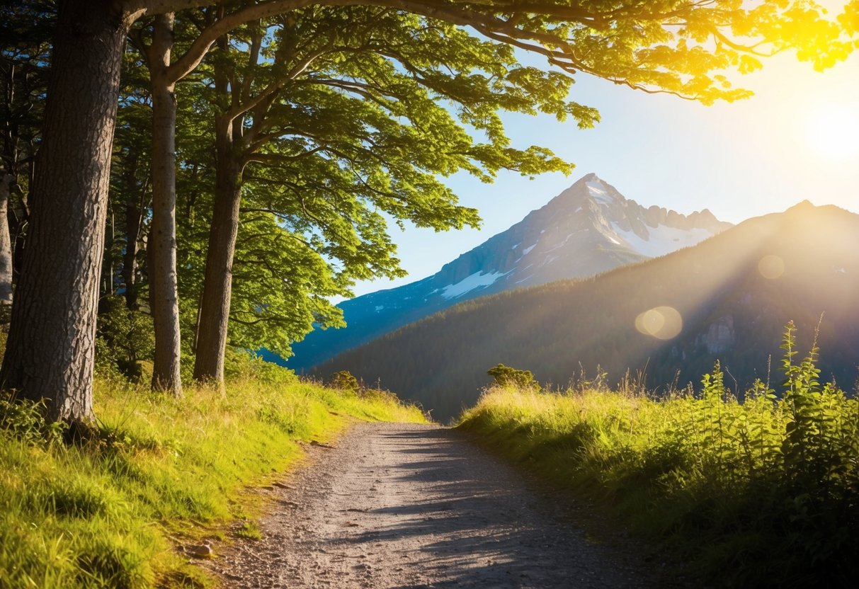 Eine friedliche Naturszene mit Sonnenlicht, das durch die Bäume strömt und einen Weg beleuchtet, der zu einem Berggipfel führt.