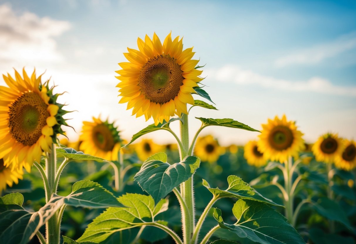 Eine blühende Sonnenblume, die dem Himmel entgegenstrebt, umgeben von lebhaft grünen Blättern und sich in der warmen Sonne aahlend.