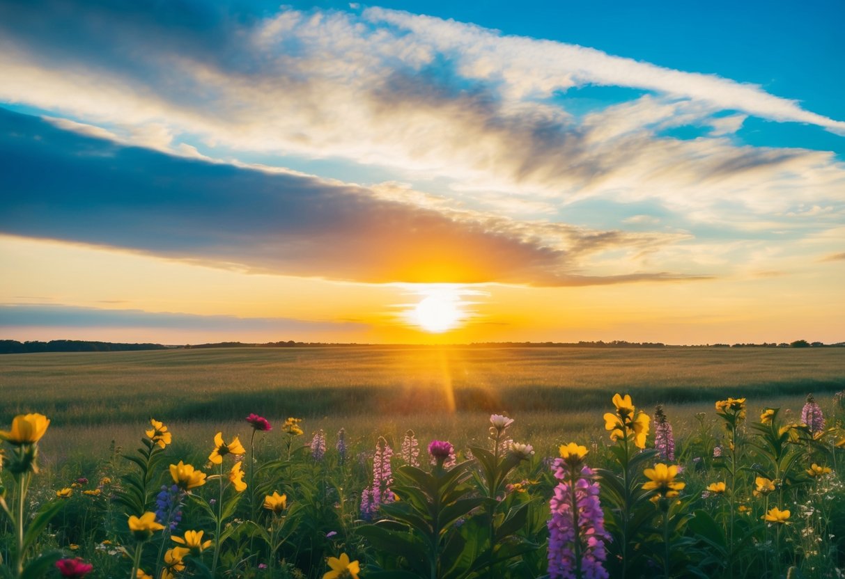 Ein Sonnenaufgang über einer ruhigen Wiese, mit bunten Blumen, die blühen, und einem strahlend blauen Himmel