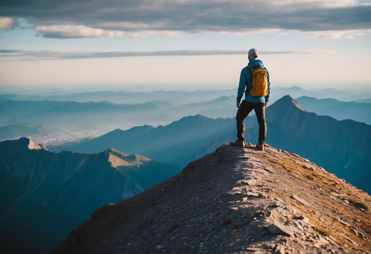 Eine Figur, die selbstbewusst auf einem Berggipfel steht und auf die weite Ausdehnung der Welt darunter blickt.