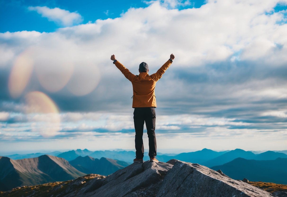 Eine Person, die auf einem Berggipfel steht, die Arme triumphierend erhoben, mit einem Gefühl von Errungenschaft und Selbstvertrauen, das von ihrer Haltung ausstrahlt.