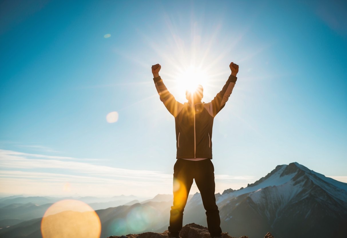 Eine Person steht selbstbewusst auf einem Berg, die Arme siegreich erhoben, mit einer hellen Sonne, die hinter ihr scheint.