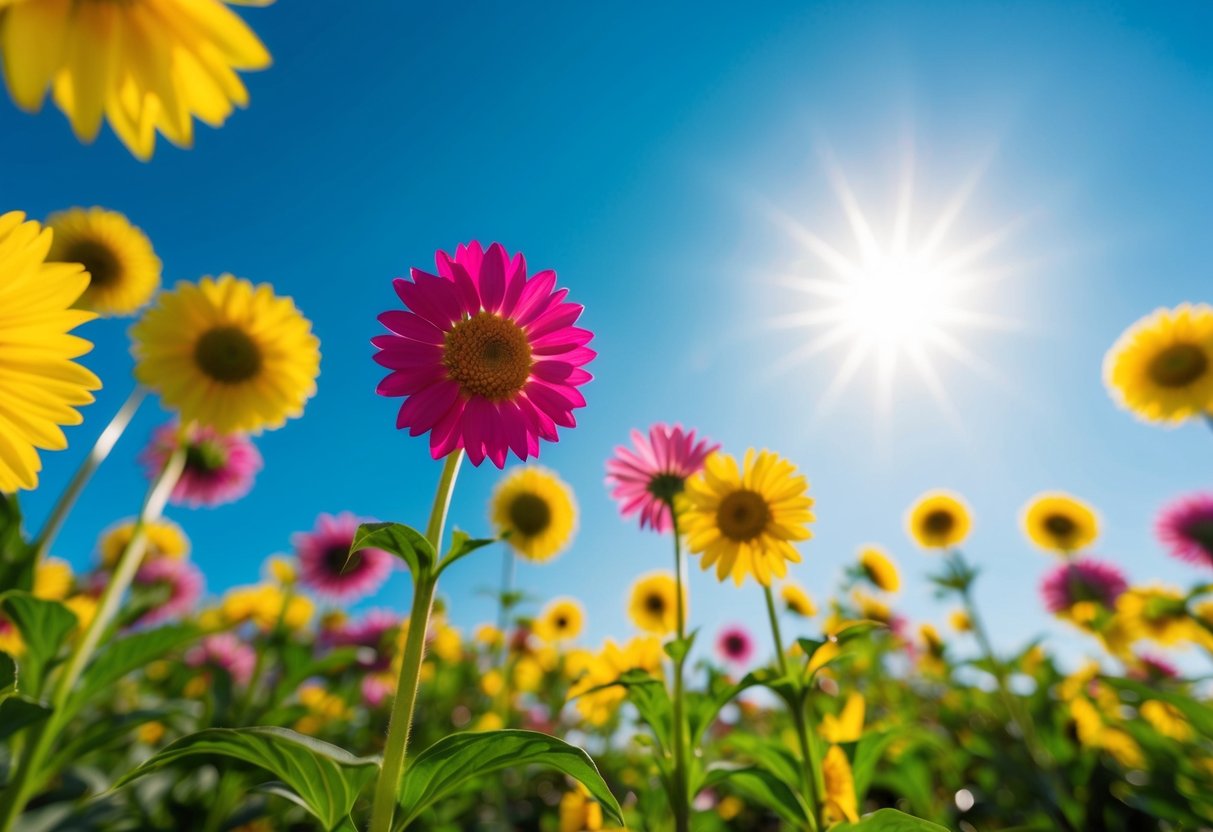 Eine bunte, aufmunternde Szene mit lebhaften Blumen, einer strahlenden Sonne und einem klaren blauen Himmel, die Gefühle von Selbstvertrauen und Positivität hervorrufen.