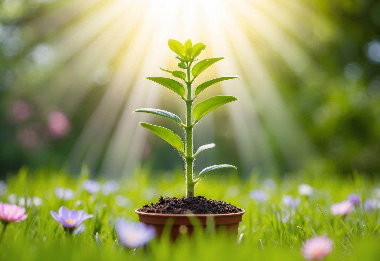 Eine keimende Pflanze, die jeden Tag höher wächst, umgeben von Lichtstrahlen und blühenden Blumen