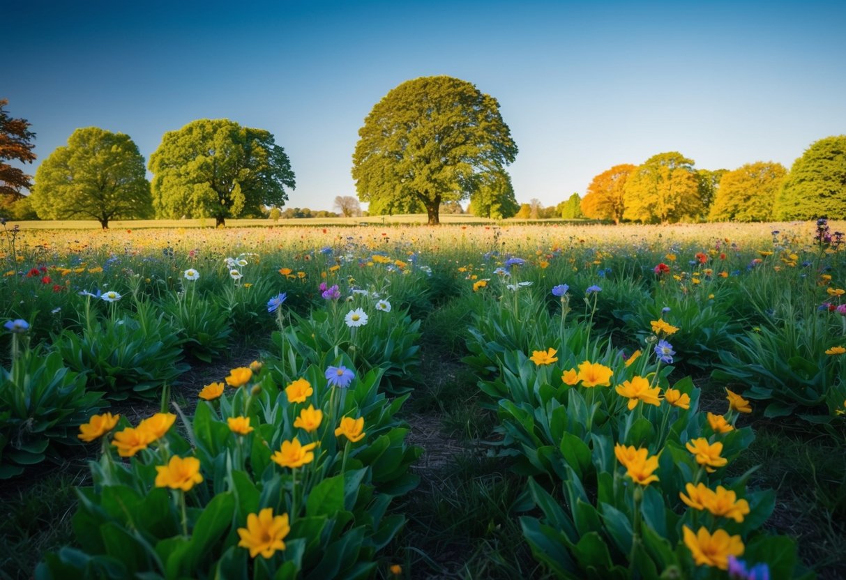 Ein ruhiges, offenes Feld mit einem klaren blauen Himmel, umgeben von hohen, lebhaften Bäumen und bunten Blumen in voller Blüte.