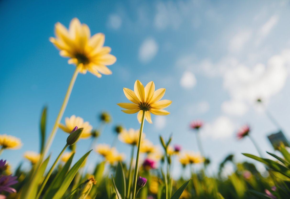 Eine ruhige Naturszene mit lebhaften Blumen und einem klaren blauen Himmel, die ein Gefühl von Vertrauen und Positivität vermittelt.