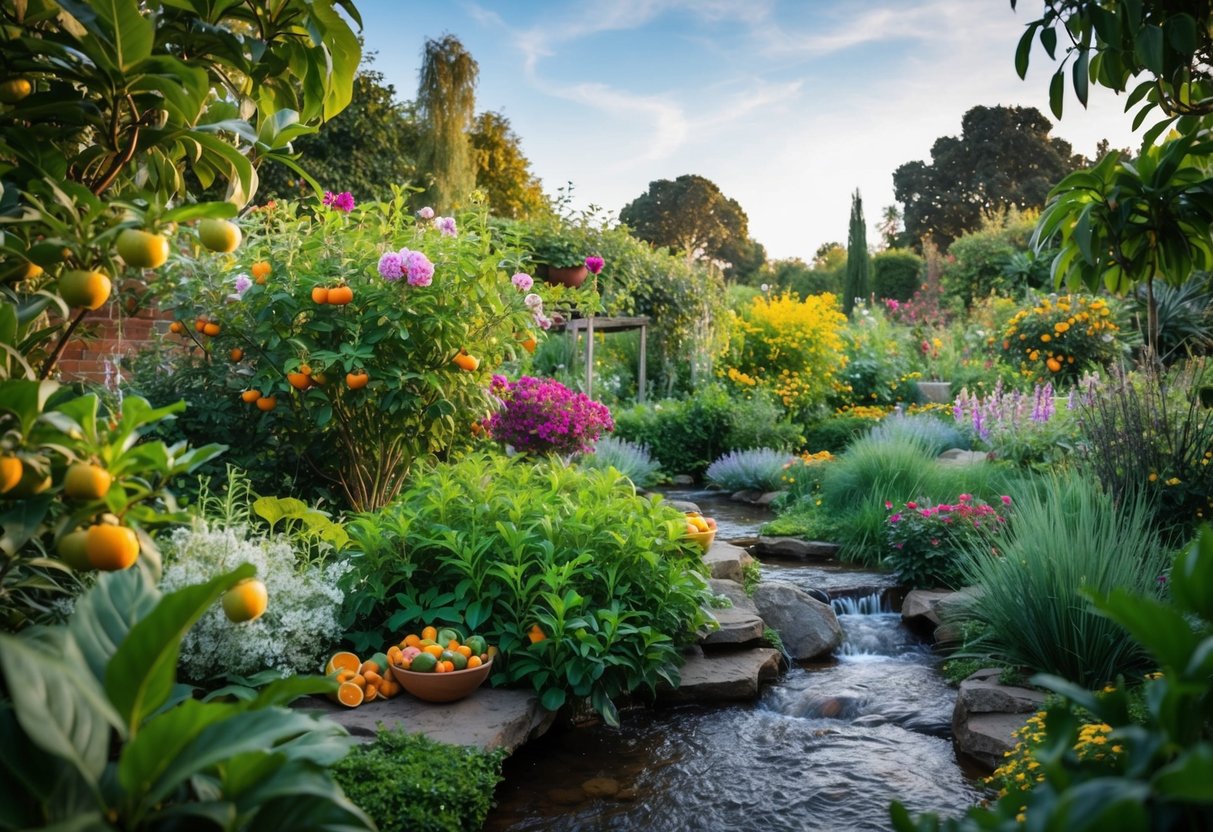 Ein Garten mit blühenden Blumen, üppigem Grün und reifen Früchten, umgeben von fließenden Bächen und reichhaltiger Tierwelt.