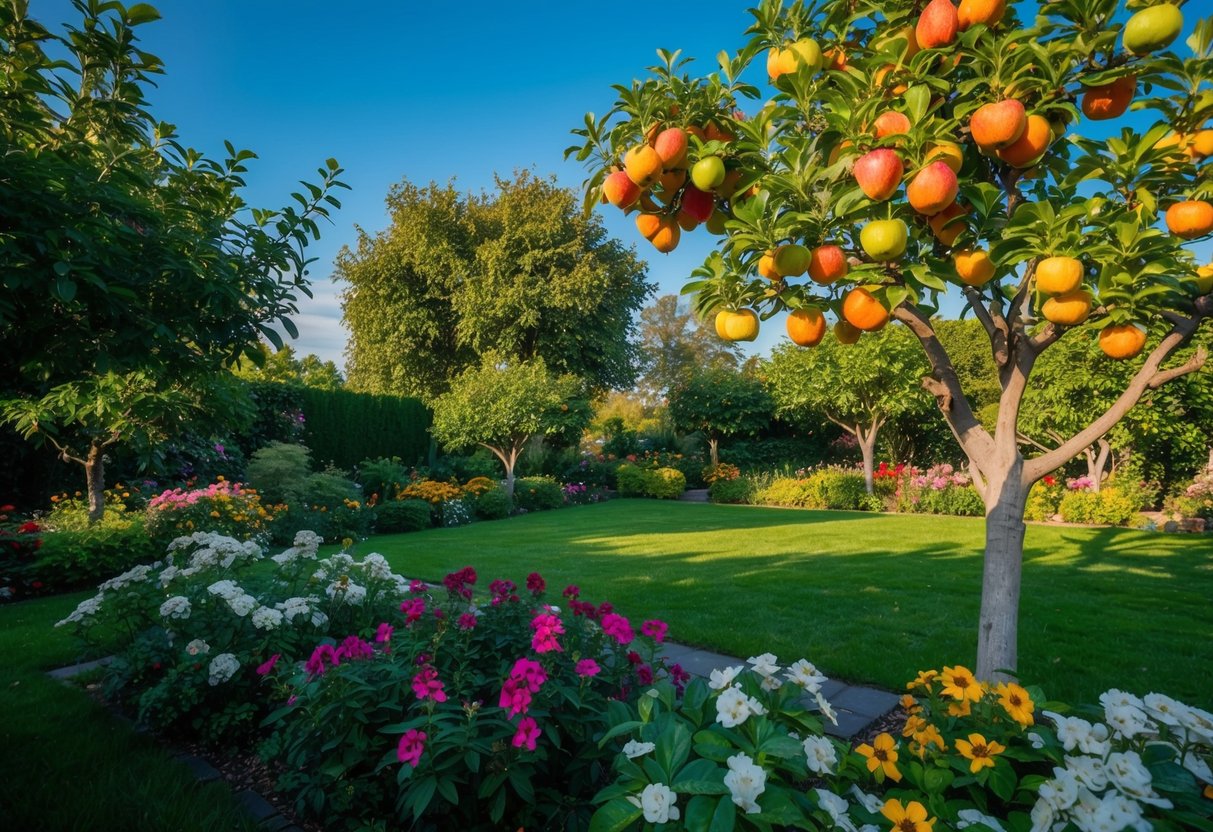 Ein üppiger Garten mit blühenden Blumen und zahlreichen Obstbäumen unter einem klaren blauen Himmel