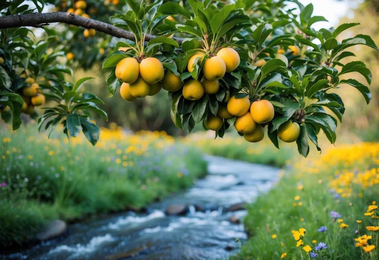 Ein Baum mit Ästen, die schwer mit reifen Früchten beladen sind, umgeben von einem fließenden Bach und lebhaften Wildblumen.