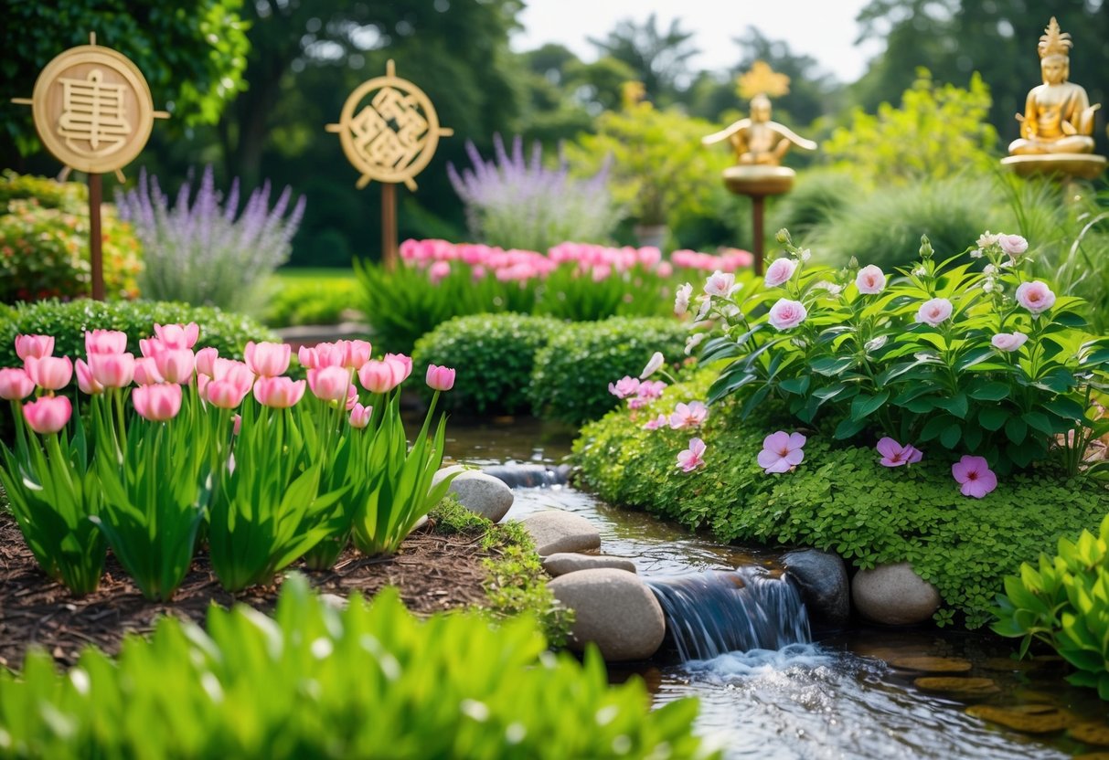 Ein ruhiger Garten mit blühenden Blumen und üppigem Grün, durch den ein sanfter Bach fließt, umgeben von Symbolen für Wohlstand und Fülle.