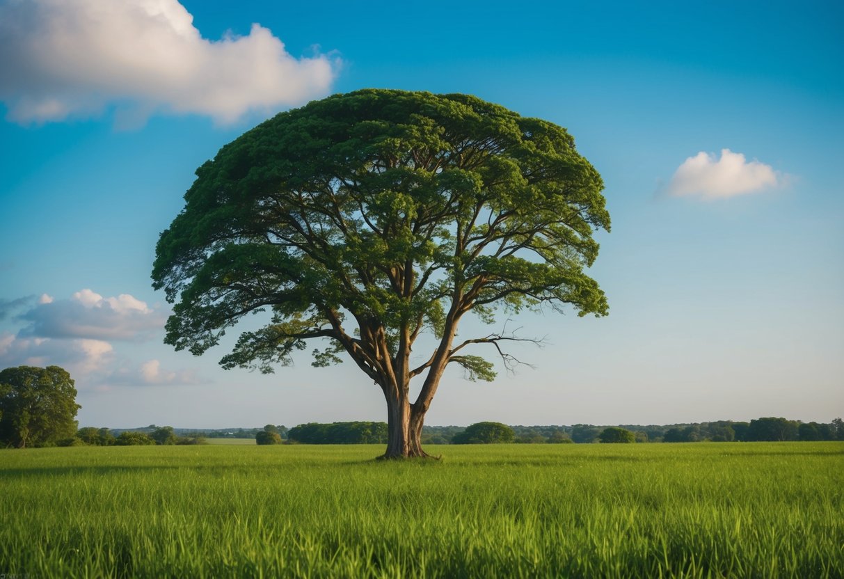 Eine friedliche, offene Landschaft mit üppigem Grün, einem klaren blauen Himmel und einem Gefühl von Fülle und Wohlstand.