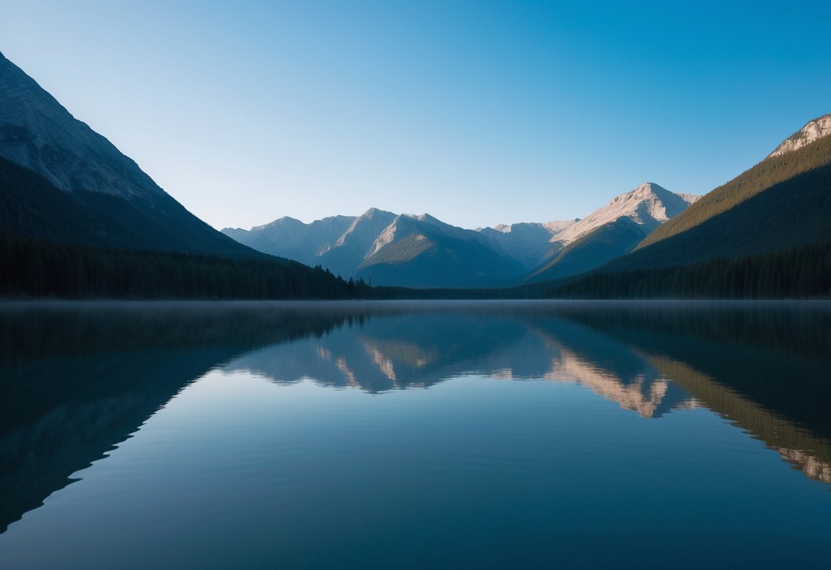 Eine ruhige Landschaft mit einem stillen, ruhigen See, der die umliegenden Berge und einen klaren blauen Himmel widerspiegelt.