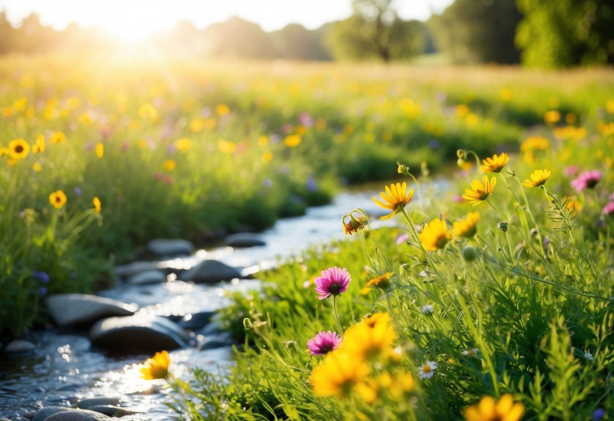 Eine ruhige, sonnenbeschienene Wiese mit bunten Wildblumen und einem friedlich fließenden Bach