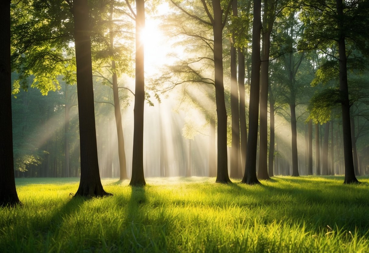 Eine ruhige Waldlichtung mit Sonnenlicht, das durch die Bäume filtert und eine friedliche und ruhige Atmosphäre schafft.