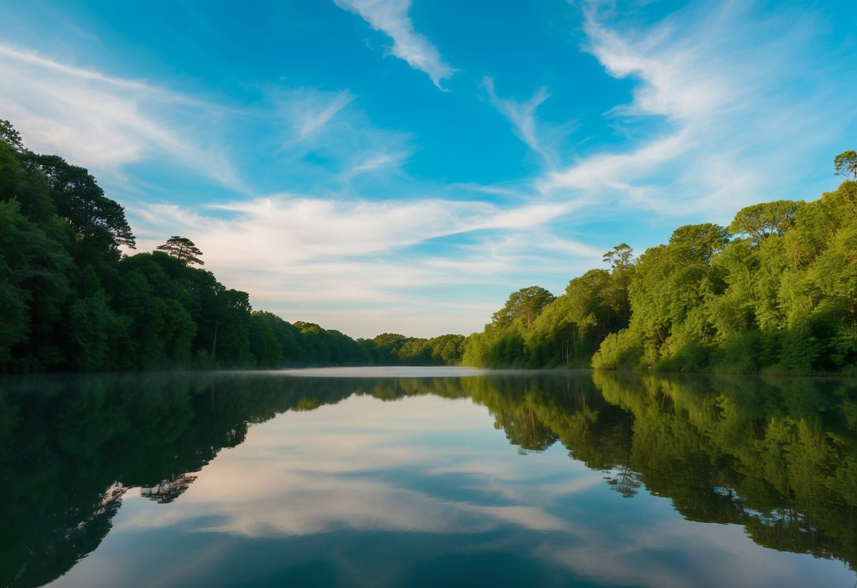 Ein ruhiger See, umgeben von üppigem Grün, der den friedlichen blauen Himmel darüber widerspiegelt