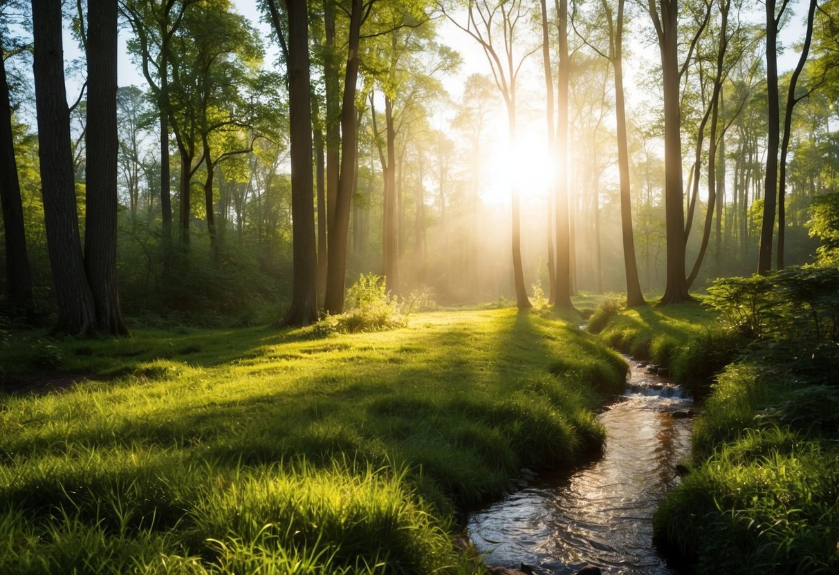 Eine ruhige, sonnenbeschienene Waldlichtung mit einem kleinen Bach und einer friedlichen Atmosphäre