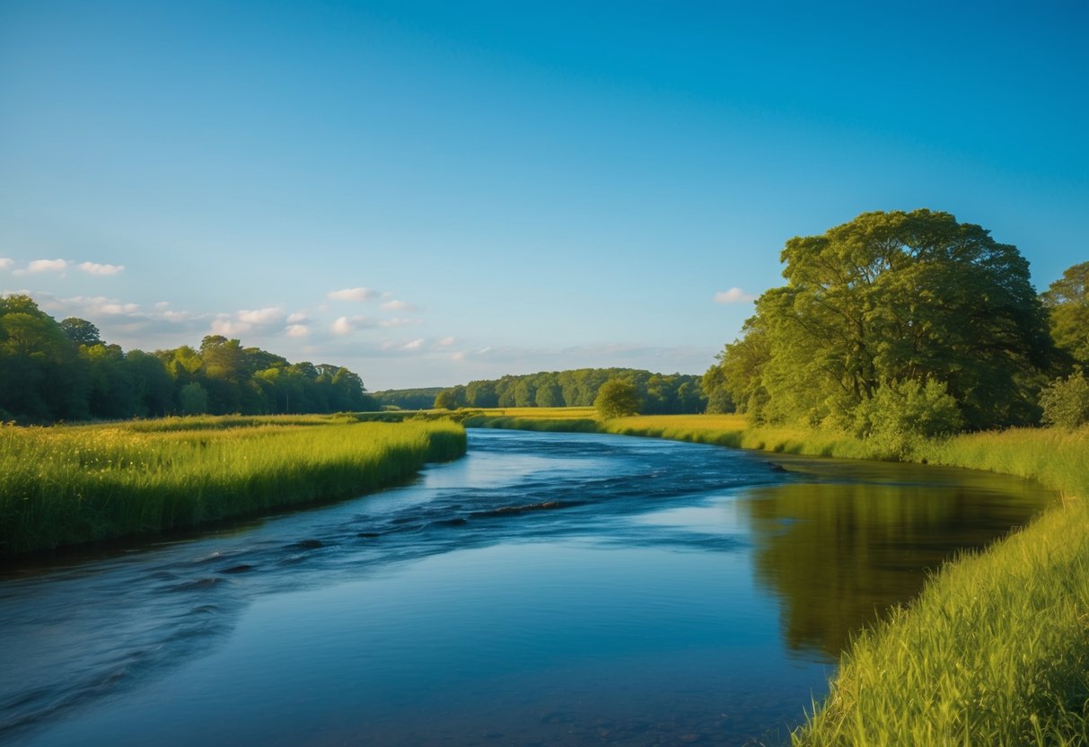 Eine ruhige, friedliche Landschaft mit einem sanft fließenden Fluss, üppigem Grün und einem klaren blauen Himmel.