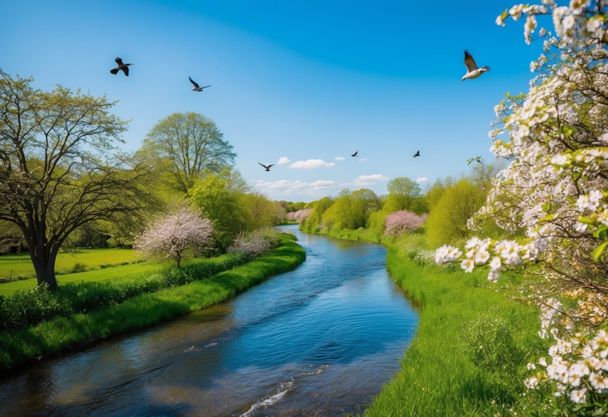 Eine ruhige Landschaft mit einem friedlichen Fluss, der durch üppiges Grün fließt, umgeben von blühenden Blumen und Vögeln, die im klaren blauen Himmel singen.