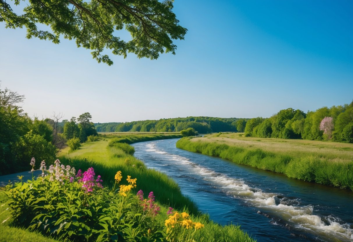 Eine ruhige Landschaft mit einem friedlichen, fließenden Fluss, umgeben von üppigem Grün und bunten Blumen, unter einem klaren blauen Himmel.