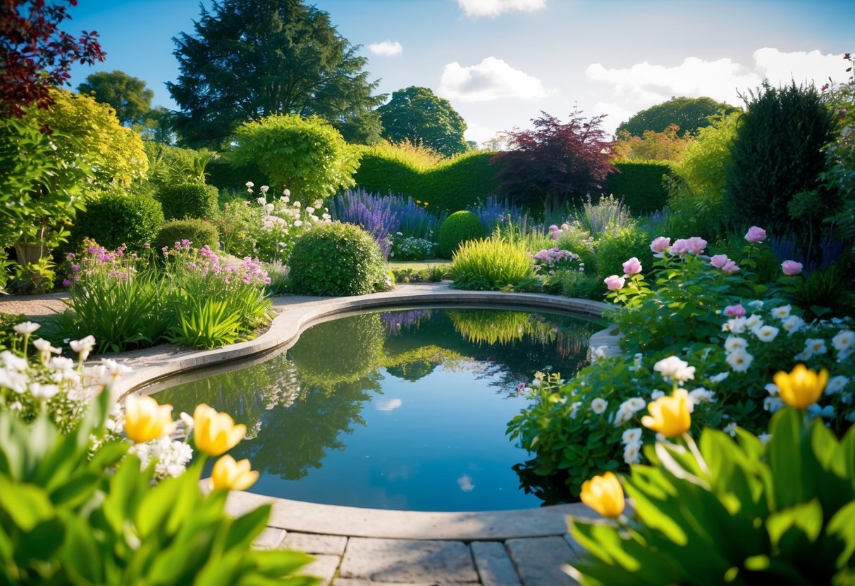 Ein ruhiger Garten mit einem friedlichen Teich, umgeben von blühenden Blumen und üppigem Grün, unter einem klaren blauen Himmel.