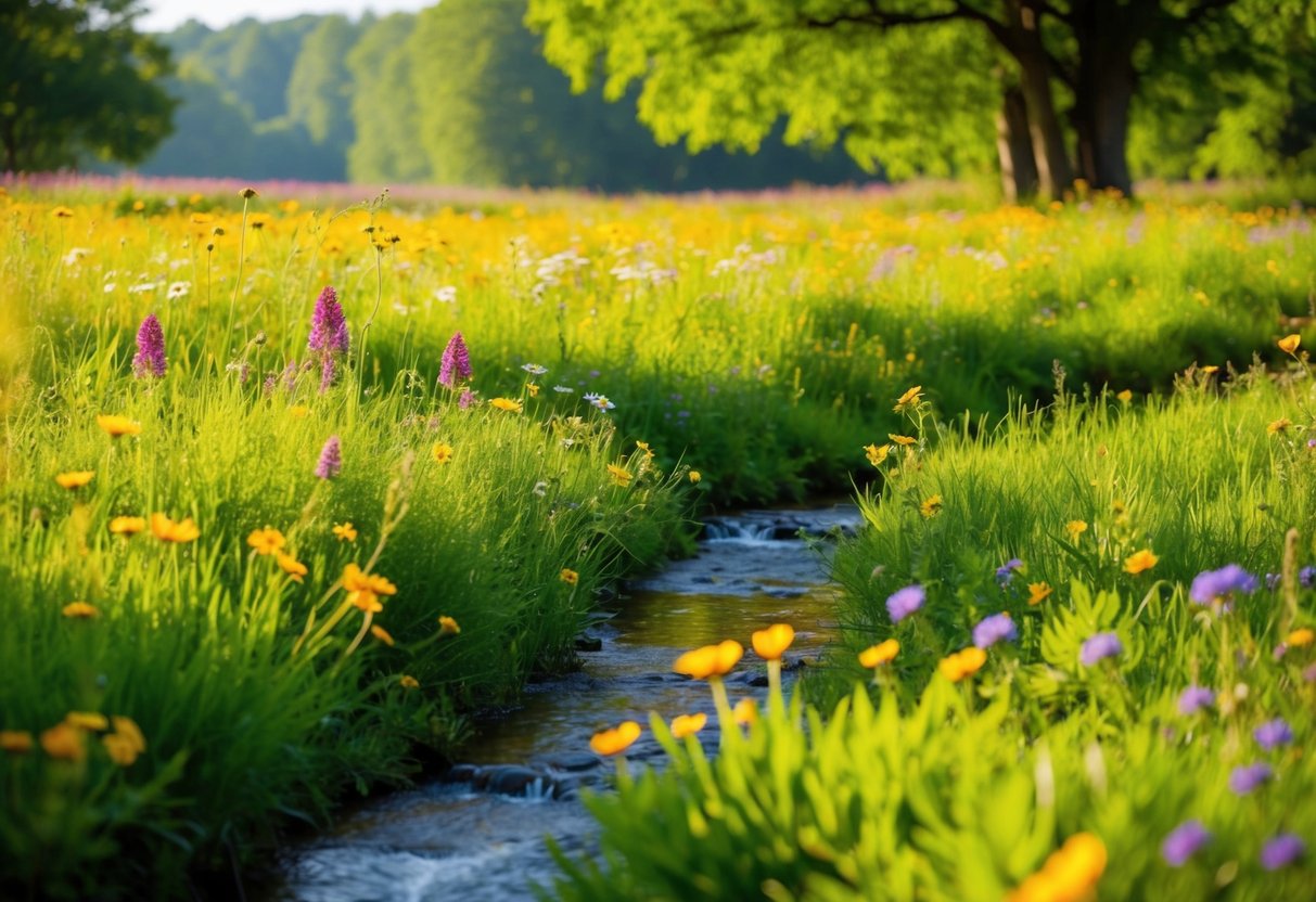 Eine ruhige, idyllische Wiese mit bunten Wildblumen und einem sanft fließenden Bach, umgeben von üppigen grünen Bäumen und in warmem Sonnenlicht getaucht.