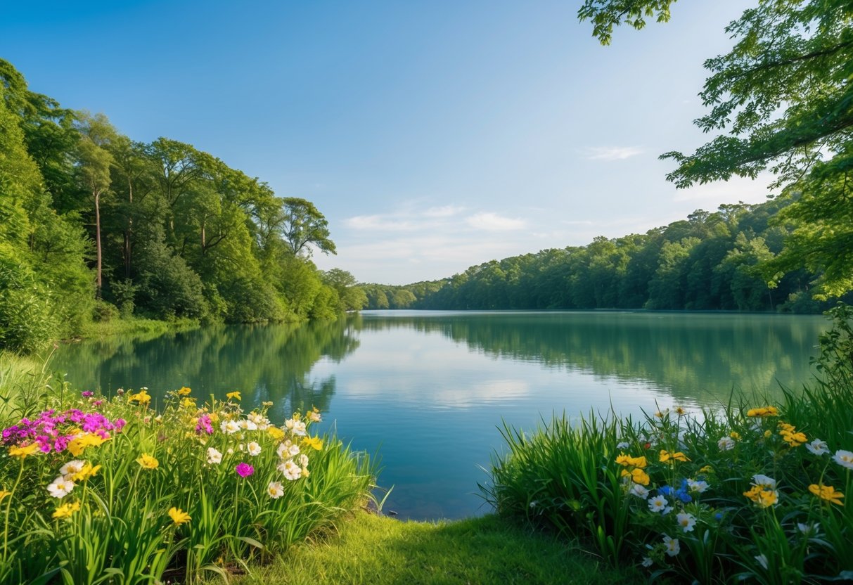 Eine ruhige Naturszene mit einem friedlichen See, umgeben von üppigem Grün und bunten Blumen, unter einem klaren blauen Himmel.