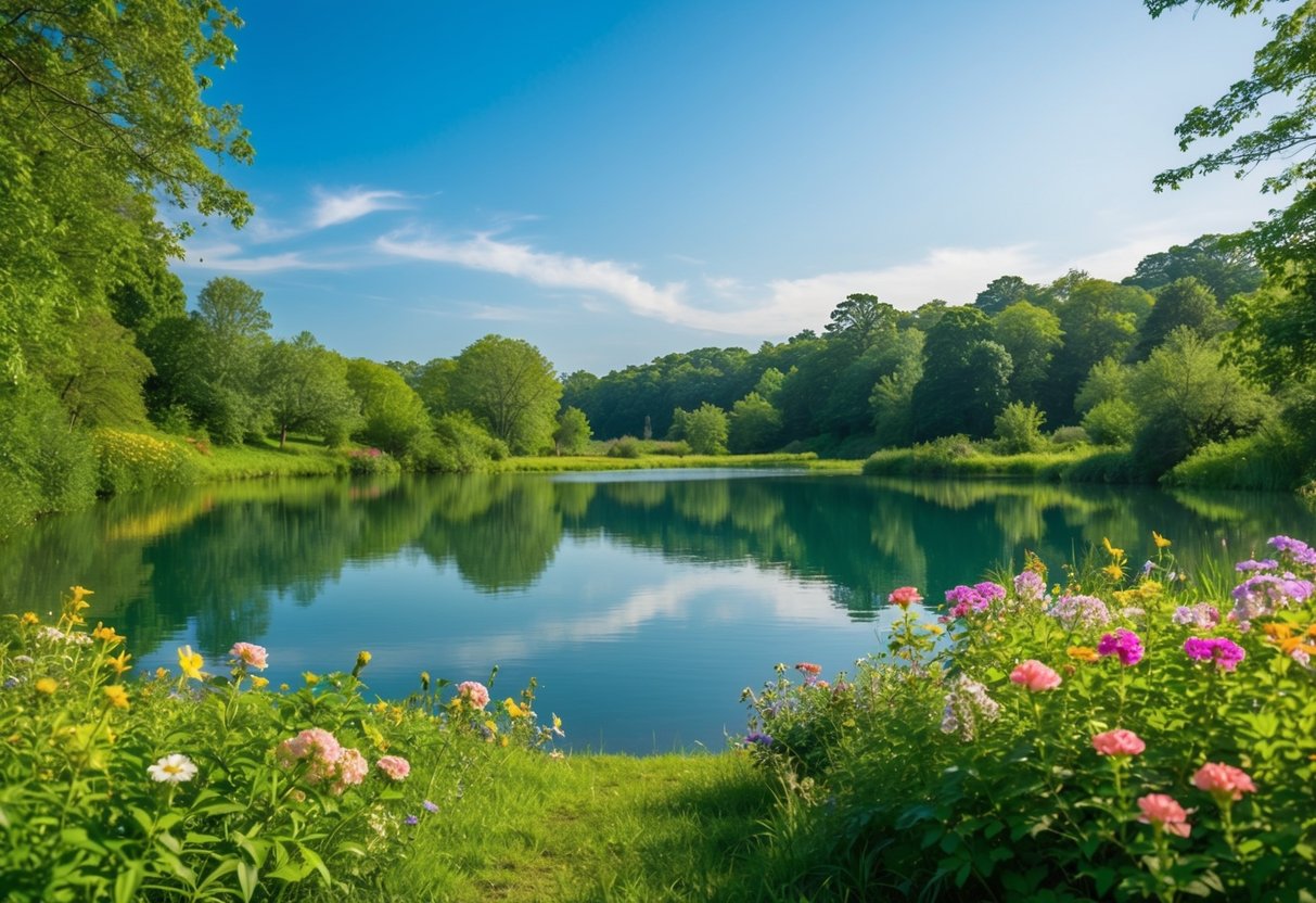 Eine ruhige Landschaft mit einem friedlichen See, umgeben von üppigem Grün und bunten Blumen, mit einem klaren blauen Himmel und sanftem Sonnenlicht.