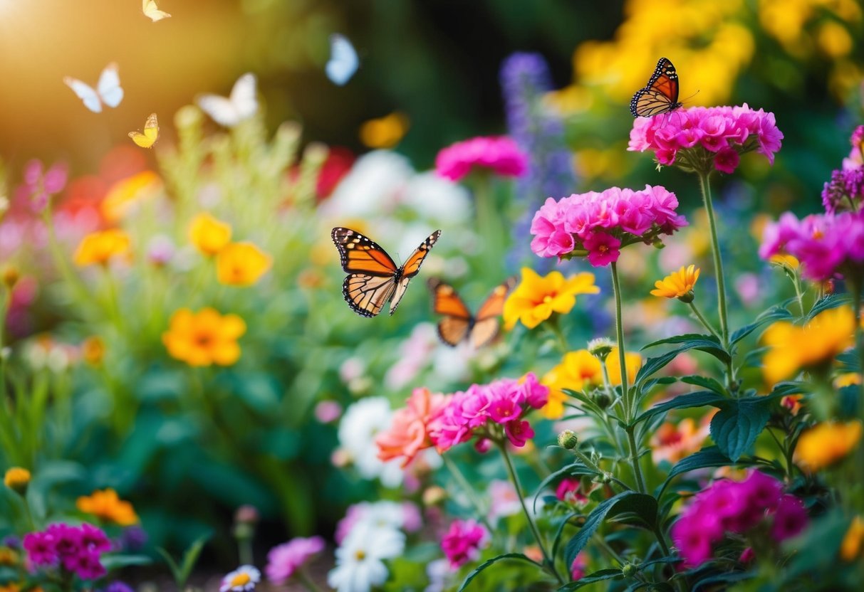 Ein bunter Garten mit blühenden Blumen und Schmetterlingen, die umherflattern.