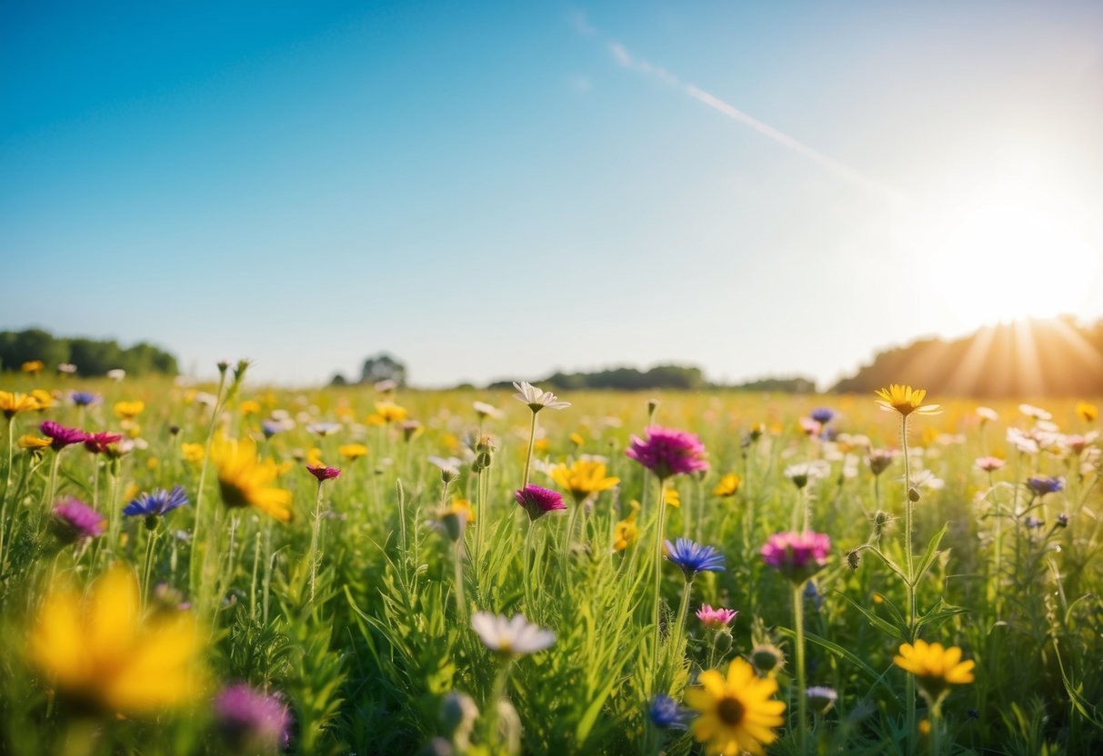 Eine ruhige, sonnenbeschienene Wiese mit bunten Wildblumen und einem klaren blauen Himmel, der ein Gefühl von Dankbarkeit und Glück vermittelt.