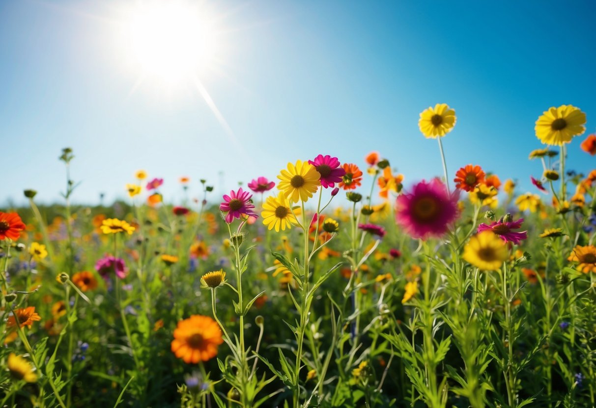 Ein Feld bunter Wildblumen unter einem hellen, sonnigen Himmel