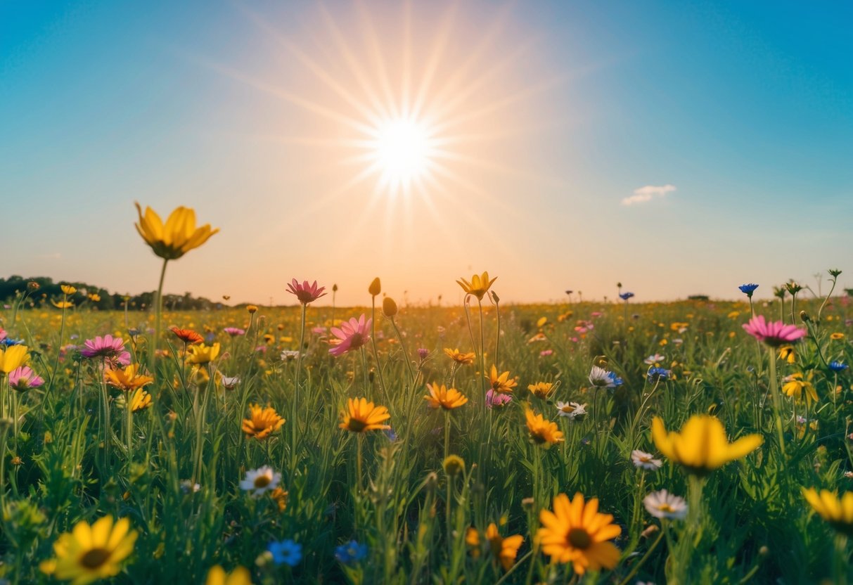 Eine helle Sonne scheint über eine friedliche Wiese mit bunten Blumen und einem klaren blauen Himmel, was eine ruhige und fröhliche Atmosphäre schafft.