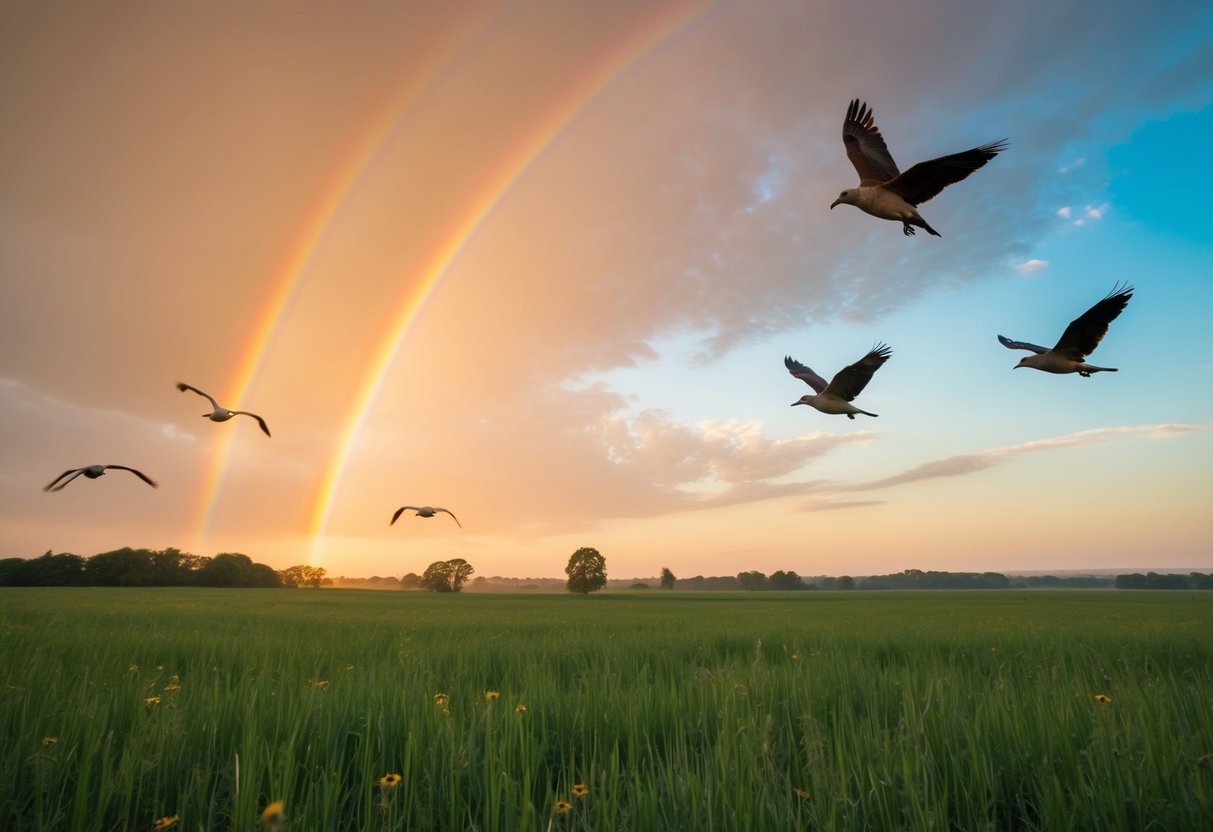 Ein farbenfroher Sonnenaufgang über einer ruhigen Wiese, mit einem Regenbogen am Himmel und Vögeln, die frei fliegen.