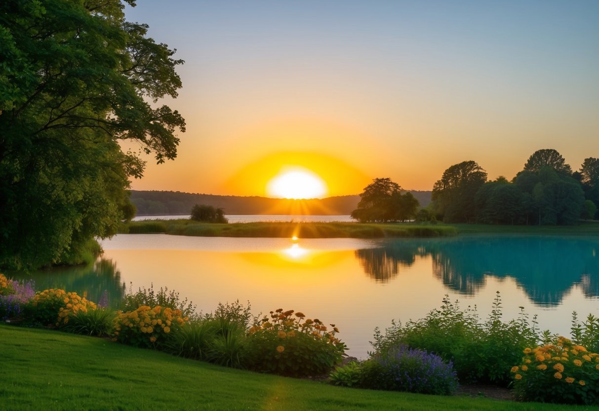 Eine ruhige Landschaft mit einer Sonne, die über einem friedlichen See aufgeht, umgeben von üppigem Grün und bunten Blumen.