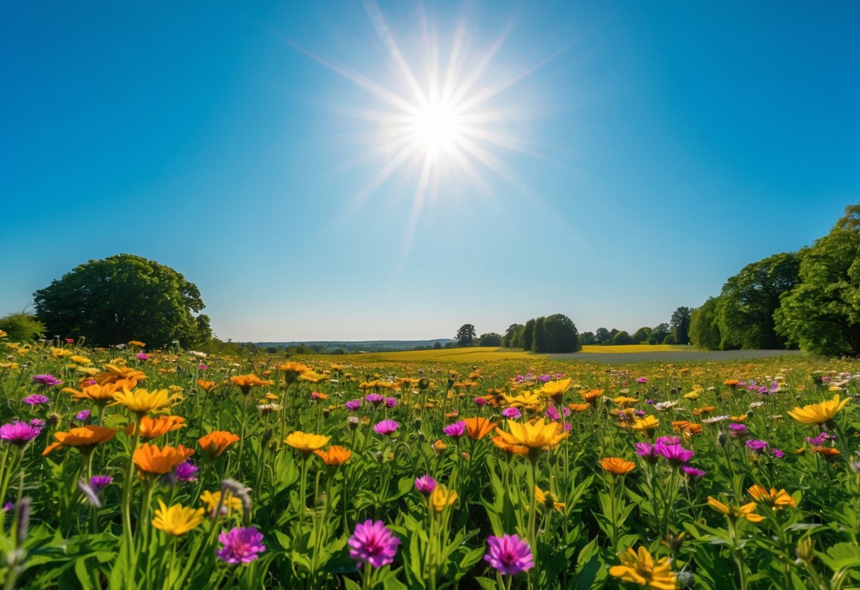 Eine ruhige Landschaft mit einer hellen Sonne, die auf ein Feld bunter Blumen scheint, umgeben von üppigem Grün und einem klaren blauen Himmel darüber.